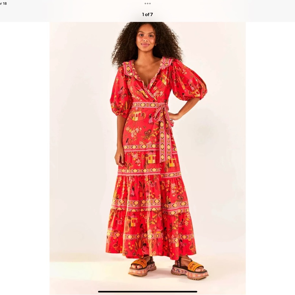 FARM Rio Red Cream Ruffled Wrap Maxi Dress